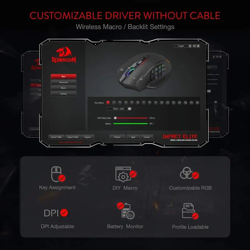 Redragon M913 Tri-Mode Gaming Mouse – 16000 DPI, 16 Buttons RGB
