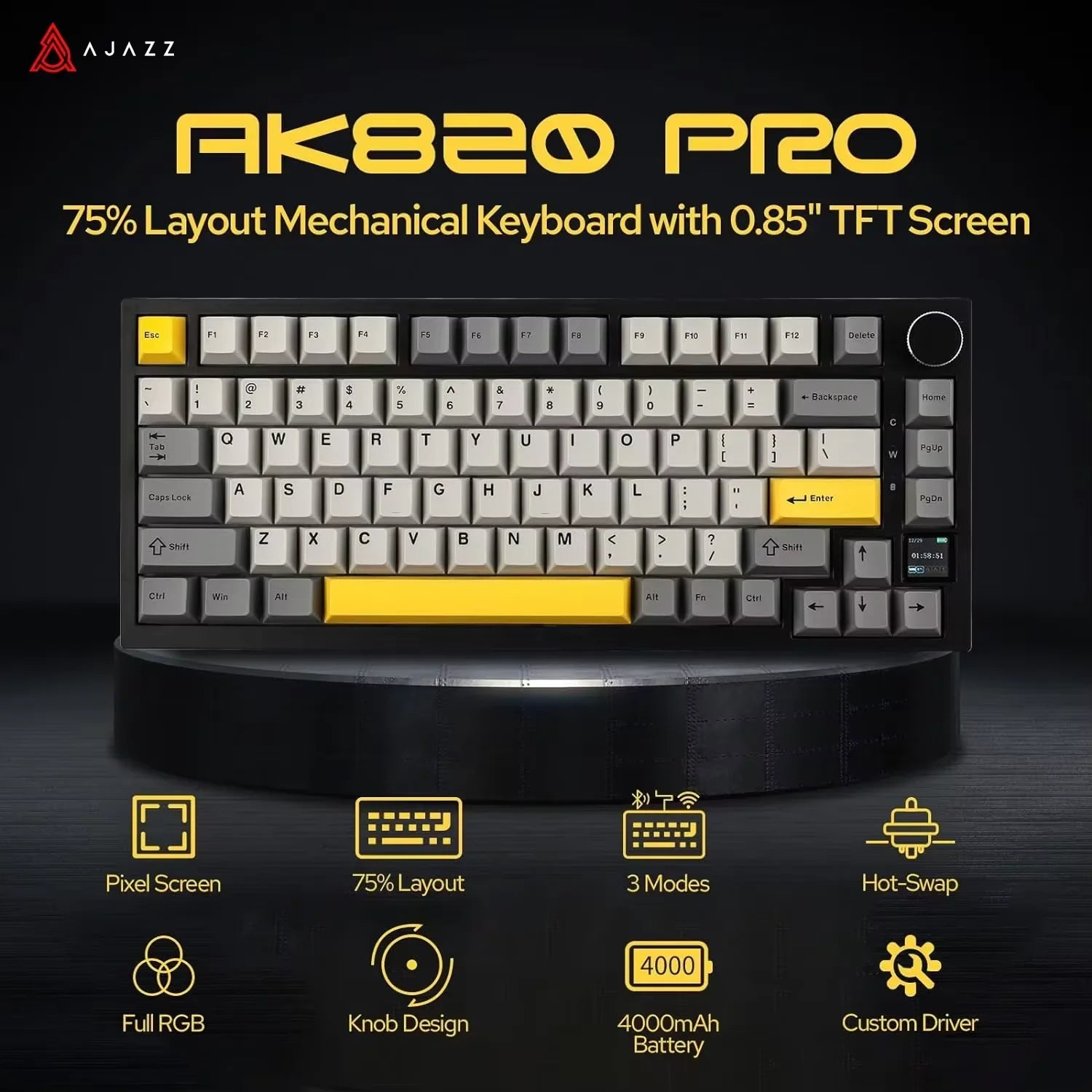 Ajazz AK820 Pro Tri-Mode Wireless Keyboard – 75% Gasket + Knob RGB